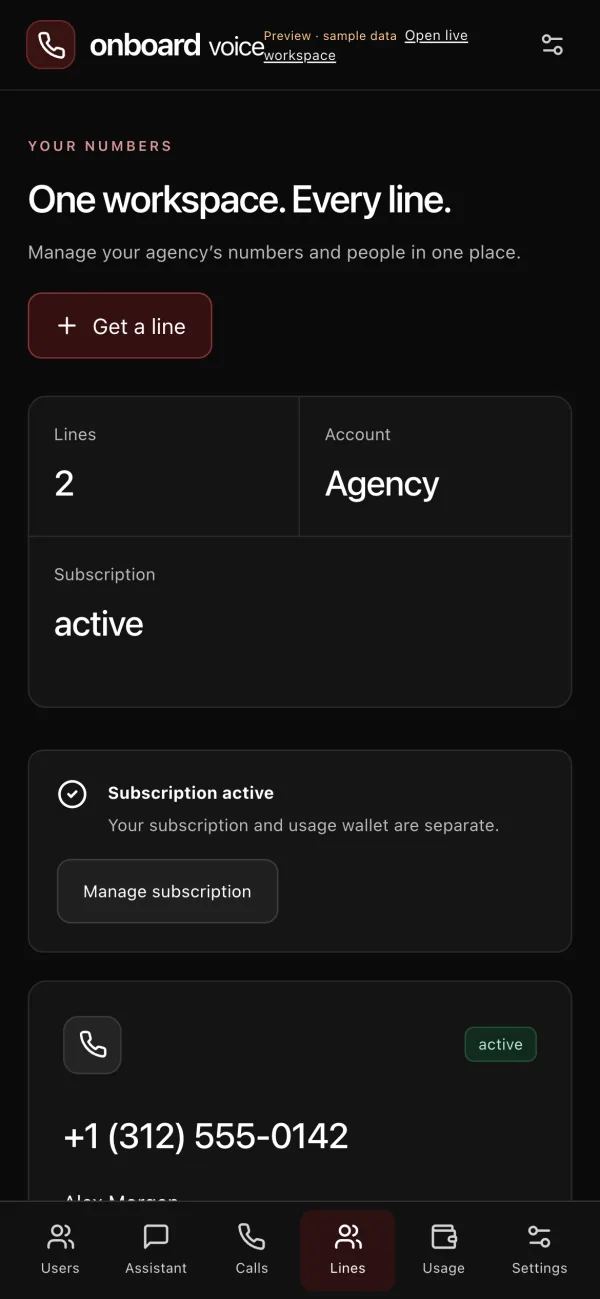 Onboard Voice demo line management on a mobile screen